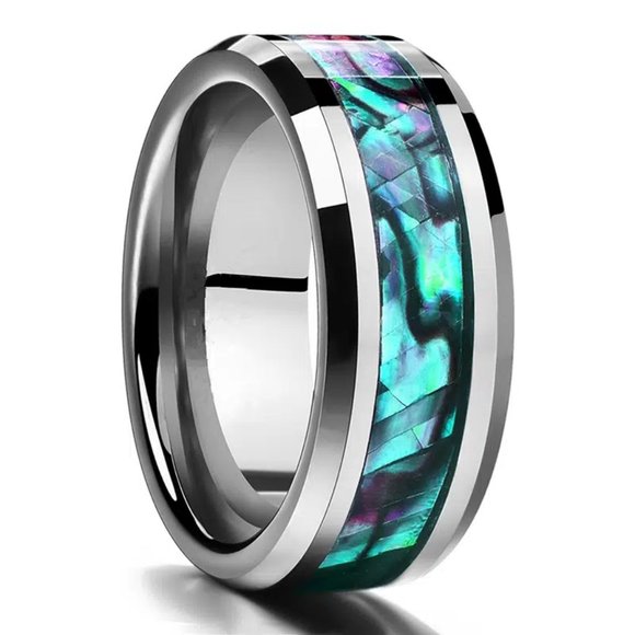 Katherine's Collection Other - Handsome Hypoallergenic Inlaid Abalone Shell Beveled Stainless Steel Ring Sz 10